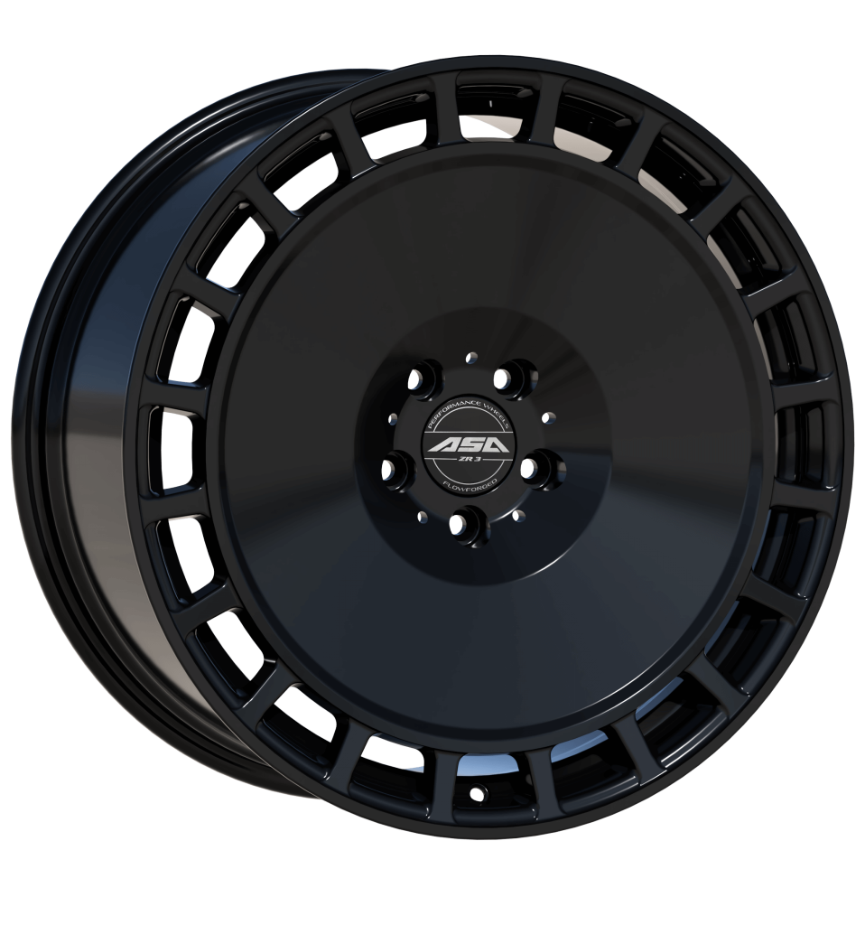 Eine mattschwarze Autofenfelge mit modernem, markantem Speichendesign und ASA-Logo in der Mitte vor weißem Hintergrund