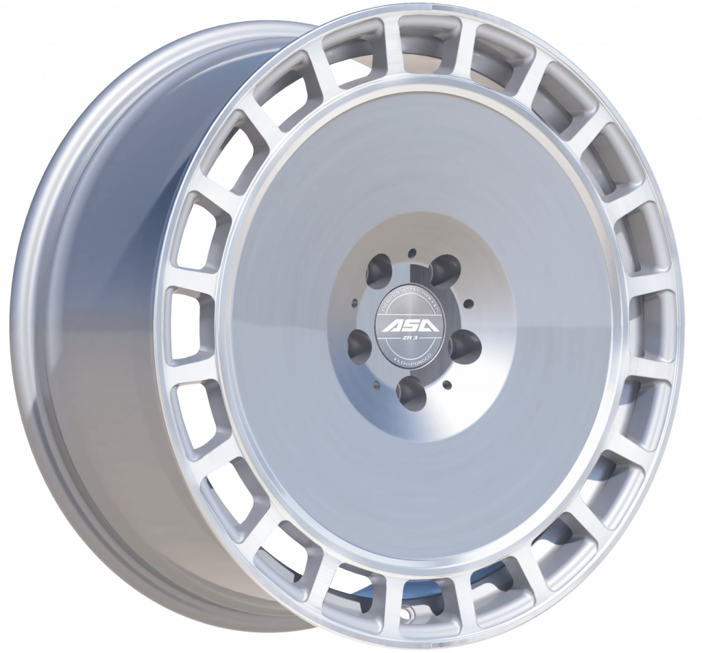 Eine silberne Autofelge aus einer Legierung mit Mehrspeichendesign und ASA-Logo in der Mitte